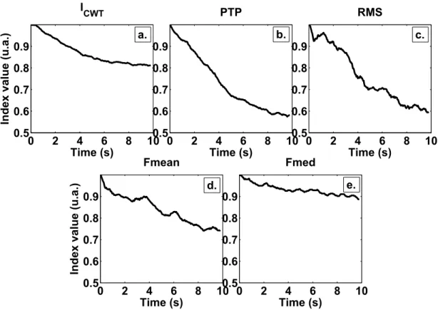Fig. 1. Example of fatigue indexes corresponding to a biphasic symmetric stimulation with a 60 mA intensity, a 1 ms pulse duration and a 50 H z pulse train frequency: a