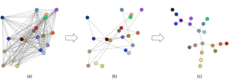 Fig. 1. Example of the potential objective minimization. (a) The points and their similarities form a complete graph