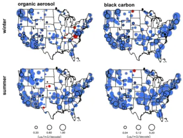 Fig. 1. Trends in observed BC and OA surface concentration. Trends ( μ g/m 3 per decade) in OA, where OA is 1.8 × OC to account for noncarbon mass associated with the OA (Left) and BC (Right) between 1990 and 2012 (black outline) and between 2002 and 2012 