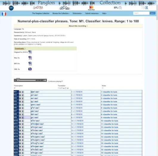 Figure 1.4: A passage from one of the documents as displayed on the web interface: transcription, translation, and time-aligned audio.