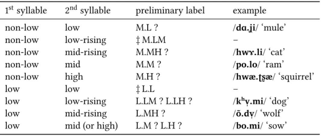 Table 2.2: Tone patterns attested over disyllabic nouns spoken in isola- isola-tion.