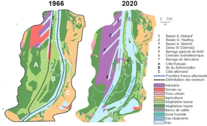 Figure 1 : Localisation de l’île du Rohrschollen par rapport à  l’agglomération strasbourgeoiseÎle du RohrschollenKEHLSTRASBOURGNEURIEDWILLSTÄTTESCHAUILLKIRCH-GRAFFENSTADENPLOBSHEIM0 2,5 km