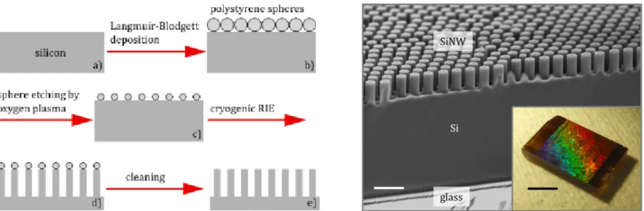 Figure 15 : Process steps for the fabrication of SiNWs by PSNS lithography and RIE : On a clean silicon surface  a PSNS colloidal crystal was deposited via a Langmuir Blodgett (LB) through (a, b)