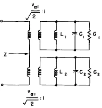 Fig.  2.  Equivalent  circuit  of  a  two-input cavity  with  a  ferrite  particle.
