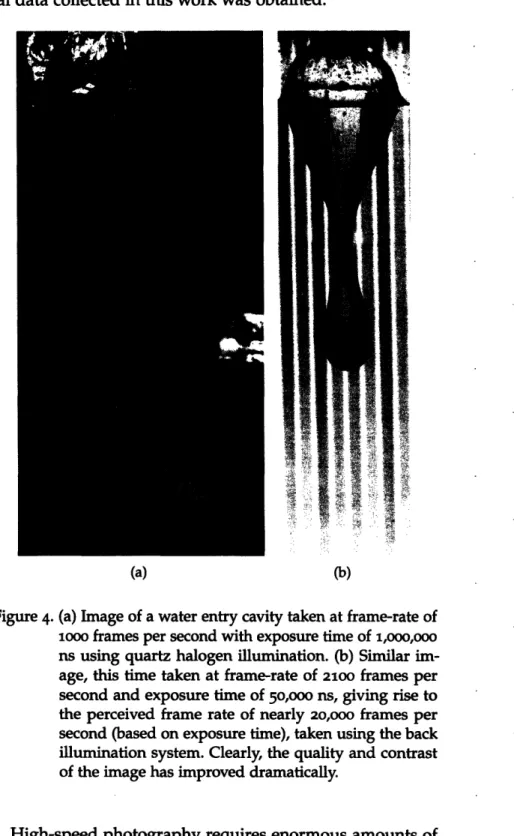 Figure 4.  (a) Image  of a water entry cavity taken at frame-rate  of iooo frames  per second with exposure  time of i,ooo,ooo ns using  quartz  halogen  illumination