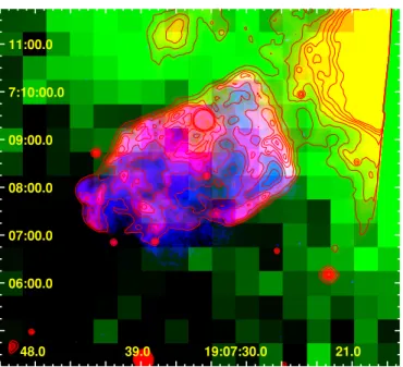 Figure 3. 12 CO (J = 1–0) intensity map in the velocity interval 27–35 km s − 1 (above 6σ ) coded in green, overlaid with the Chandra X-ray image in blue, Spitzer 24 μm mid-IR image in red (with seven contours at logarithmic levels between 68 and 120 MJy s