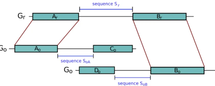 Figure 1: An example of a breakpoint. The synteny blocks (A r ,A o ) and (B r ,B o ) are con- con-secutive on genome G r but not on G o 