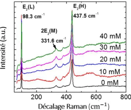 Figure 1-18: Spectre Raman obtenu sur des NFs synthétisés à différentes concentrations  en  hydroxyde d’ammonium
