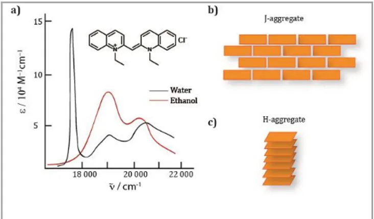 Figure 1 a) PIC chloride molecular structure and the spectroscopic changes  from ethanol to water solution, showing the typical J-aggregate red-shifted  band