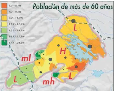 Figure 10. Density of seniors in the Mazatec area (data from the 1999 and 2000 Census) This trend can therefore be interpreted as a conﬁrmation of patterns  al-ready observed in previous maps: these two Lowland centres are  econom-ically and demographecono