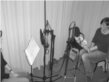 Figure 4. Recording of scripted dialogues conducted in the sound-treated room of the General Linguistics Dept, Kiel University, May 2004.