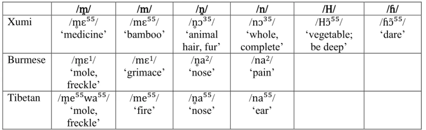 Table 2. Examples of minimal or near minimal pairs with voiceless and voiced nasals in Xumi,  Burmese, and Tibetan, and with /H/ and /ɦ/ in Xumi 
