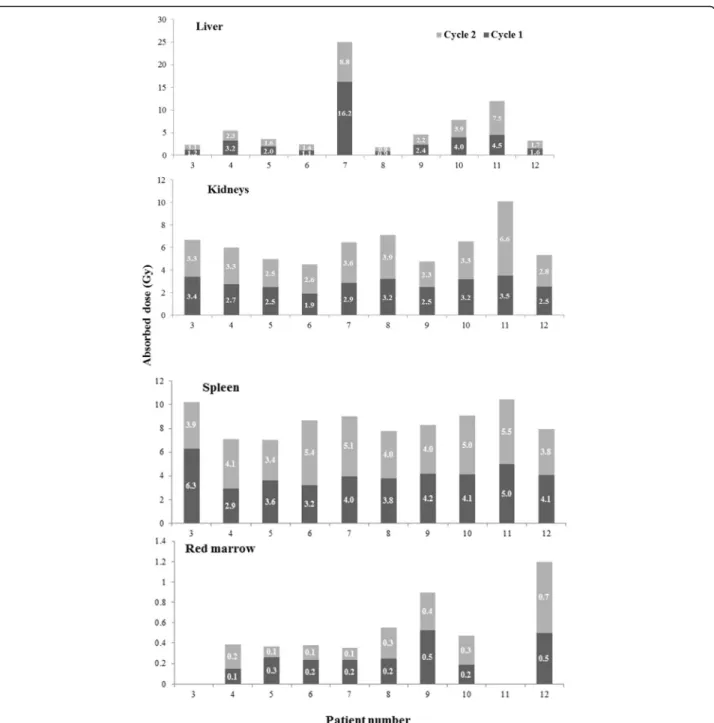 Fig. 5 Absorbed doses in Gy in liver, kidneys, spleen, and red marrow after cycle 1 and after cycle 2