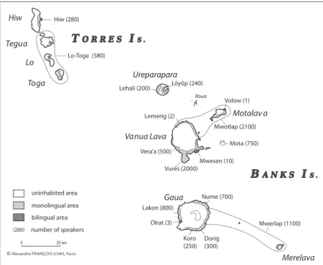 Figure 1.   Map of northern Vanuatu islands, showing languages names with numbers of speakers