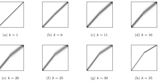 Figure 6. Transport couplings (e M 0,t k ) # µ on M ×M for the peakon-like solution associated with the boundary conditions specified by the map in equation (8.14).