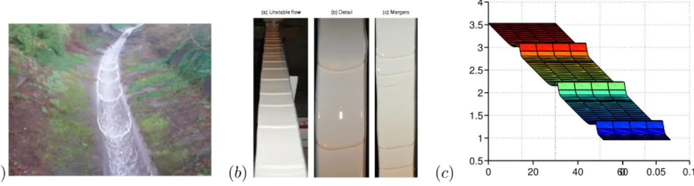 Figure 1. Roll waves (a) on a spillway and (b) in the lab: pictures courtesy of Neil Balmforth, UBC
