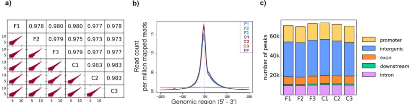 Figure 6.  Quantitative comparison of fresh and cryopreserved cells. (A) Correlative analysis of the number  of reads in 5 kb regions of the genome