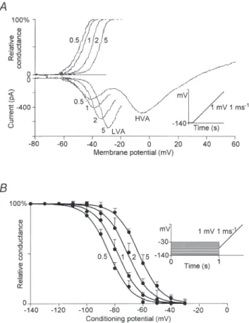 Figure 2. Voltage-dependent characteristics of LVA Ca 2+ currents measured at different [Ca 2+ ] o