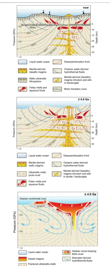 FIGURE 8 | Upper panel: Model for the formation of shallow felsic crust in mantle peridotites of the oceanic lithosphere