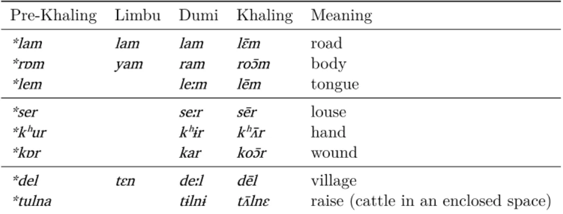 Table 13: Examples of level tones in syllables with sonorant codas Pre-Khaling Limbu Dumi Khaling Meaning