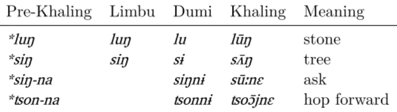 Table 14: Examples of level tones in syllables with *–n and *–ŋ Pre-Khaling codas