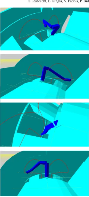 Fig. 1.7 Sequence of the complex trajectory tracking. Robot 3, indicators: linear tracking error, number of DOFs, collisions per segment per iteration and robot total length.