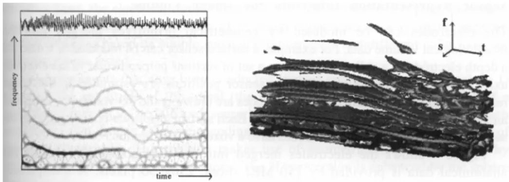 Fig. 3. Time-frequency representation (left) and Iso-surface representation of a volume obtained  after stacking the 2D time-frequency representation diagrams (right)