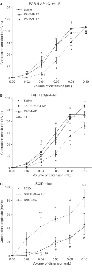 Figure 1 Effect of PAR-4-AP on visceral sensitivity by IP administra- administra-tion, in combination with tight junction blockade or in SCID mice.