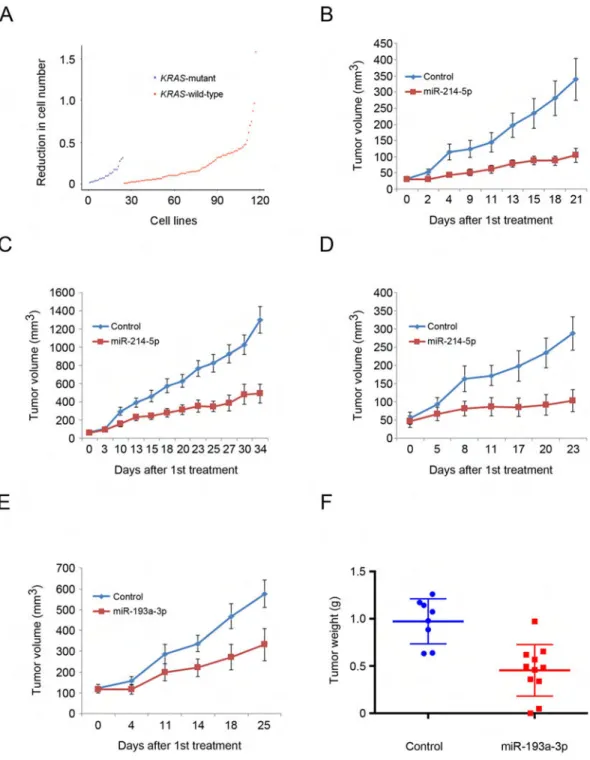 Figure 8. In Vivo Delivery of miR-214-5p or miR-193a-3p Inhibits Progression of Lung Cancer,  Colon Cancer and Sarcoma Xenografts