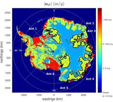 Fig. 4 Location of the 6 test areas Antp (east Antarctica) with InSAR-based surface velocity values in m/y (from [43]).