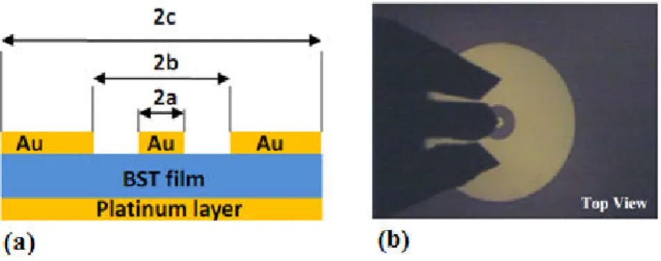 Fig. 1 : (a) Layout of the fabricated MIM capacitors for the RF measurements, (b) Microscopic top view  picture of the structure