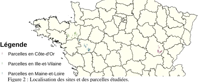 Figure 2 : Localisation des sites et des parcelles étudiées. 