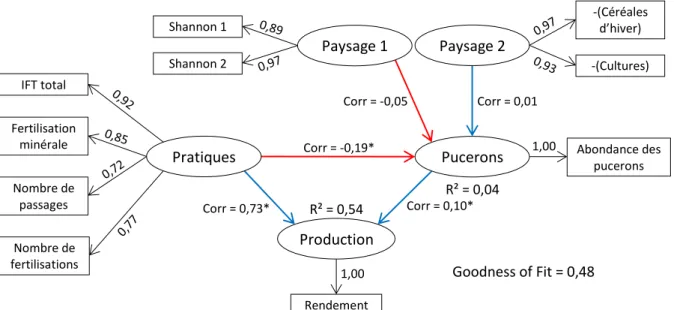 Figure 7 : Modèle de PLS-PM considérant les pucerons décrivant les relations entre les VL en culture  de céréales