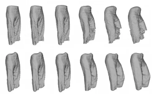 Figure 5 demonstrates the superiority of our spatio-temporal approach com- com-pared to a frame-by-frame multi-view stereovision method [9], on the “Pants”