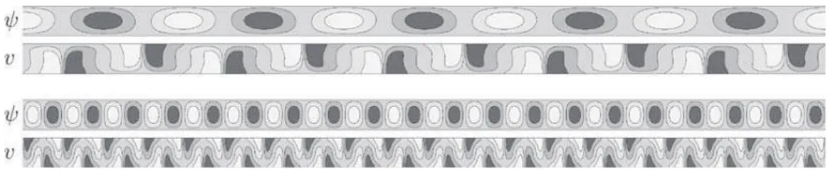 FIG. 4. Profiles of the P 20 solution close to its saddle-node (bottom panels) and of P 5 at the termination of the convecton branches (top panels)
