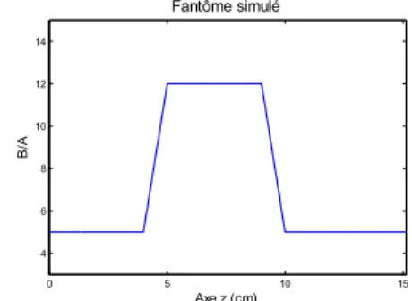 Figure 1 : Evolution suivant l’axe z de propagation du  paramètre de non linéarité B/A introduit dans le simulateur