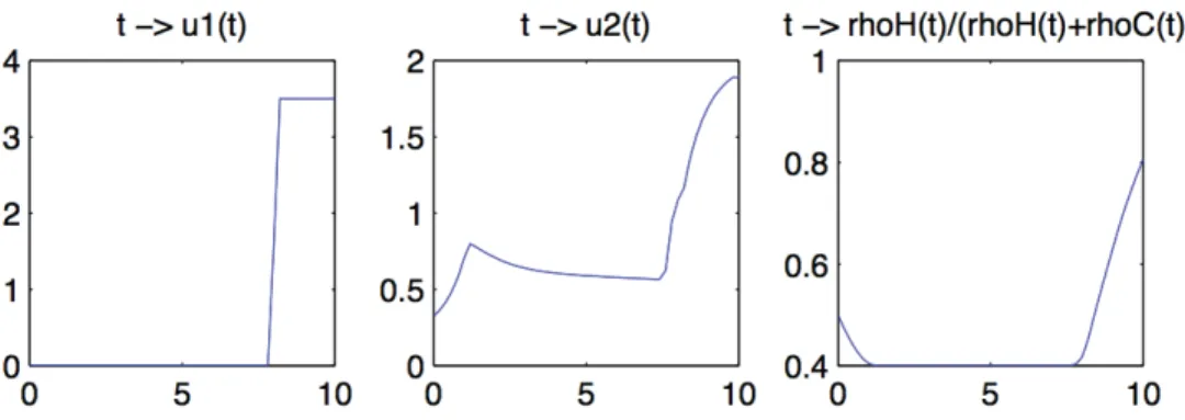 FIGURE 1. Solution to the optimal control problem on system (1), using a combination of the 2 drugs, cytotoxic u 1 (t) and cytostatic u 2 (t), the objective function consisting in minimising the number of cancer cells at the end of treatment time under the
