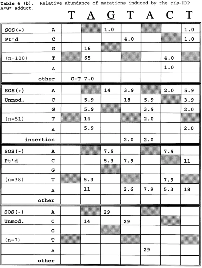 Table  4  (b).  Relative  abundance of mutations  induced by  the cis-DDP A*G*  adduct