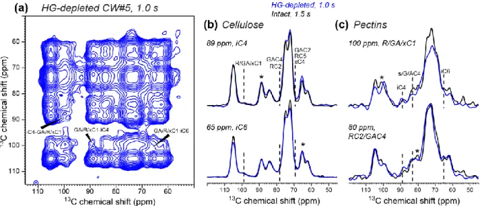 Figure  8.  Observation  of  cellulose-pectin  cross  peaks  in  HG-reduced  CW#5.  (a)  2D  PDSD 634 