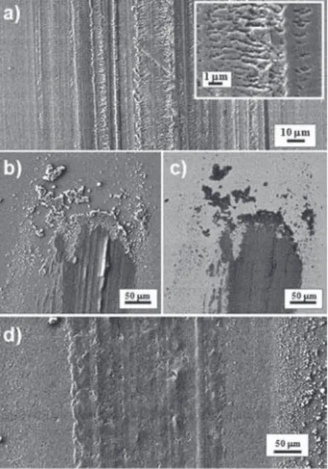 Figure 4. FESEM images of the friction tracks: ZrO 2 under a 10 N load (a), inset shows a higher-magniﬁcation image), S0.5 under a 5 N load (b and c), and S3 under a 5 N load (d).