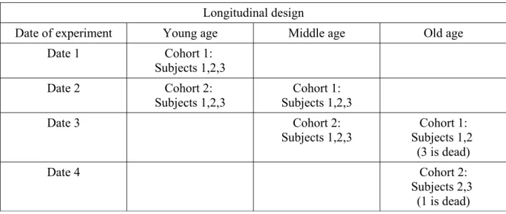 Table 3. Longitudinal design. In this table, three age groups are used but other ones could be used as well.