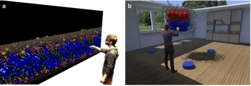 Fig.  6. Visual  experiments  exploring  the  properties  of  the  I-quartet  channel  water  conduction  pathways on a 3D stereoscopic display wall (a) and in a fully immersive virtual reality  environ-ment using a headset (b)