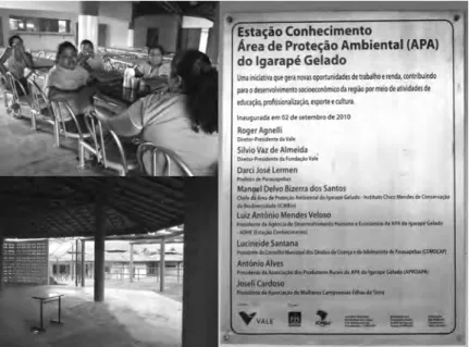 Figura 5: Estação Ciência, a equipe de merendeiras e a placa  da inauguração, 2014 (fotomontagem).