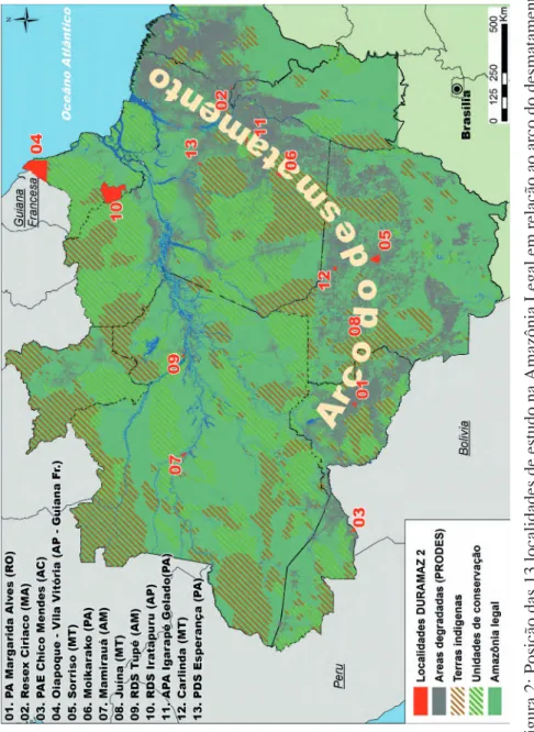 Figura 2: Posição das 13 localidades de estudo na Amazônia Legal em relação ao arco do desmatamento
