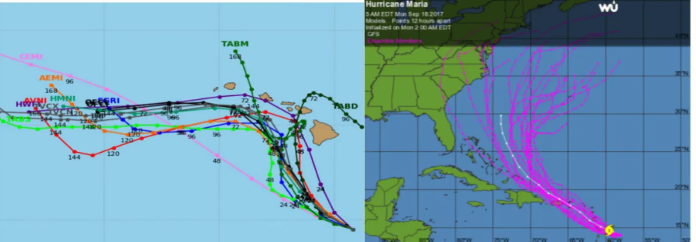 Fig. 3-8a. (left) Spaghetti model for possible Hurricane Lane tracks. Source: Pacific Hurricane Center.