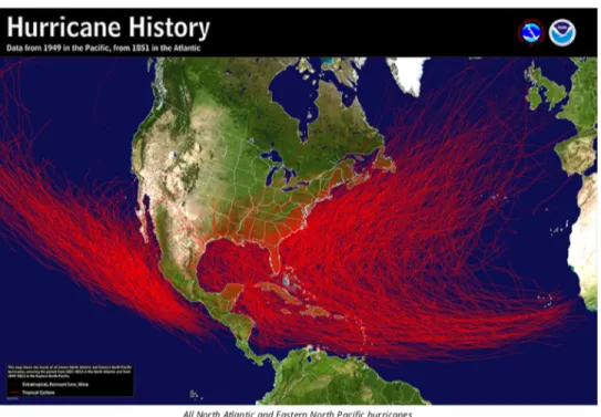 Fig. 2-1. Cyclone tracks from the Sahara to the Caribbean and Pacific from 1949 to present (Pacific) and 1851 to  present (Atlantic)