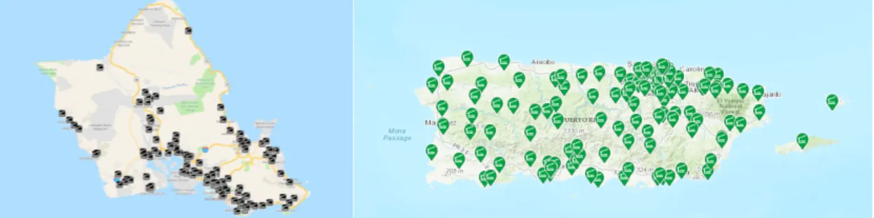 Fig. 3-7a and 3-7b. Evacuation shelters on O’ahu and Puerto Rico. Source: 