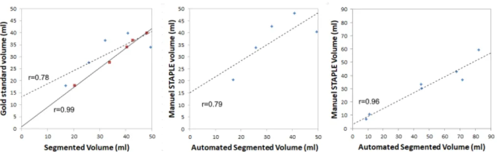 Figure 5. Volume agreement. Left: For DS1, manual (Staple, four raters) and auto- auto-mated segmented volume vs gold standard