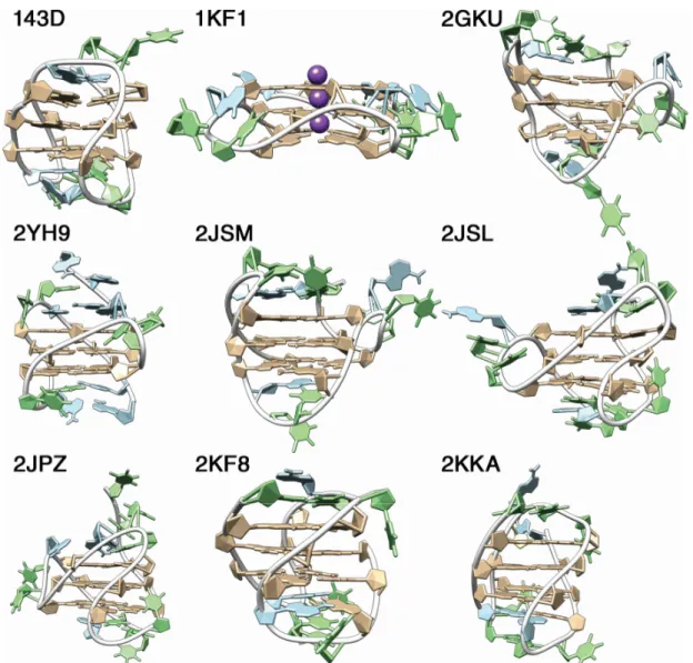 Figure 2  Examples of human telomeric G-quadruplex structures deposited in the PDB that  were solved by NMR or X-ray crystallography: 143D [25], 1KF1 [26], 2GKU [27], 2YH9  [28], 2JSM and 2JSL [29], 2JPZ [30], 2KF8 [31], and 2KKA [32]