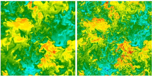 Figure 9: Planar cross-section of the flow colored by the instantaneous scalar fields at two different Schmidt number, Sc = 3/4 (left) and Sc = 12 (right) for R λ = 180 .